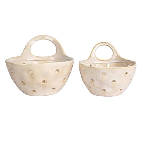 Set of 2 Cream Stoneware Colanders for Kitchen Use