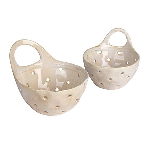 Set of 2 Cream Stoneware Colanders for Kitchen Use
