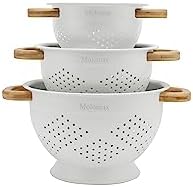 Set of 3 Metal Colander With Bamboo Handles Durable Space-Saving Kitchen Tool