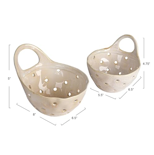 Set of 2 Cream Stoneware Colanders for Kitchen Use
