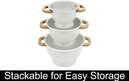Set of 3 Metal Colander With Bamboo Handles Durable Space-Saving Kitchen Tool