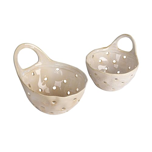Set of 2 Cream Stoneware Colanders for Kitchen Use