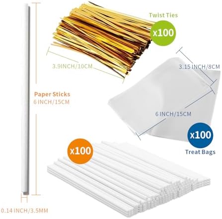 TAIHUIMY 300PCS Lollipop Sticks Set with parcel bags paper sticks and twist ties