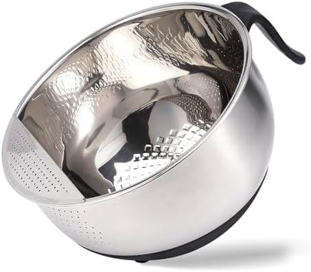 DOPMEP Rice Washer Strainer Bowl with Handle Stainless Steel Tilting Kitchen Tool