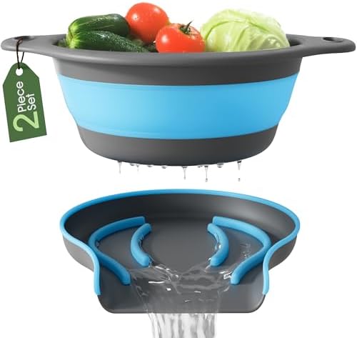 Gevoli 5QT Collapsible Colander Set w Self-Draining Base for Kitchen Use