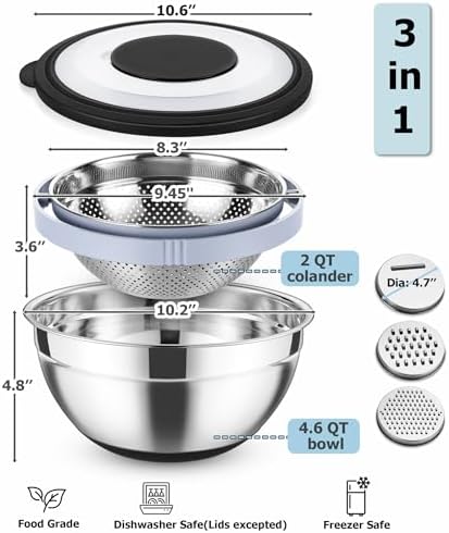 TeamFar Mixing Bowl Set with Lid Colander Grater Attachments - 46QT Capacity