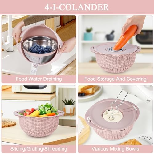 4 in 1 Colander with Mixing Bowl Set Pink