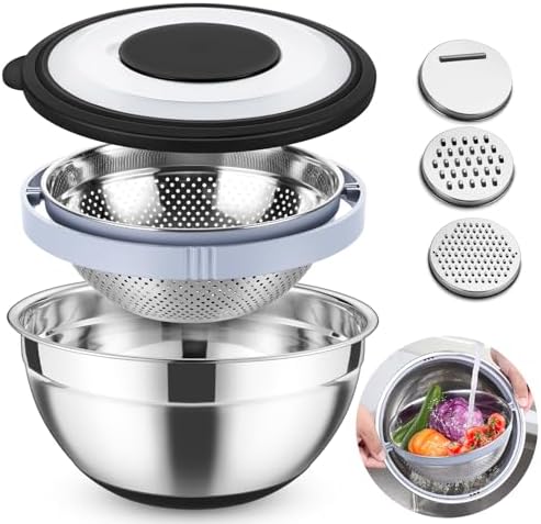 TeamFar Mixing Bowl Set with Lid Colander Grater Attachments - 46QT Capacity
