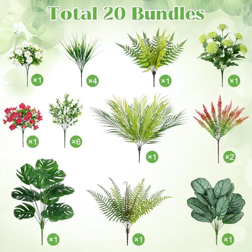 20 Pcs Artificial Plants for Outdoor Garden Decor