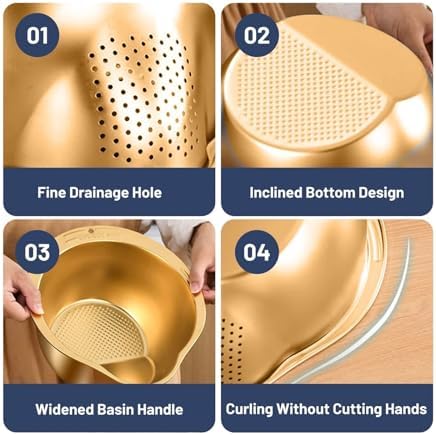 Stainless Steel Rice Washing Bowl With 4-in-1 Strainer