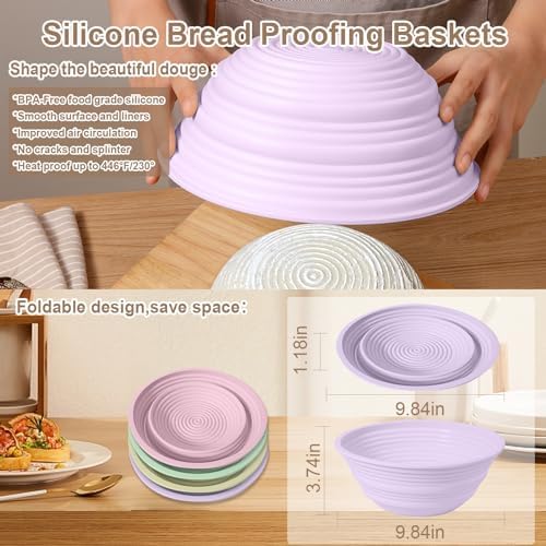 4PC Silicone Sourdough Bread Proofing Baskets 9 Collapsible Oven Microwave Safe Non-Stick