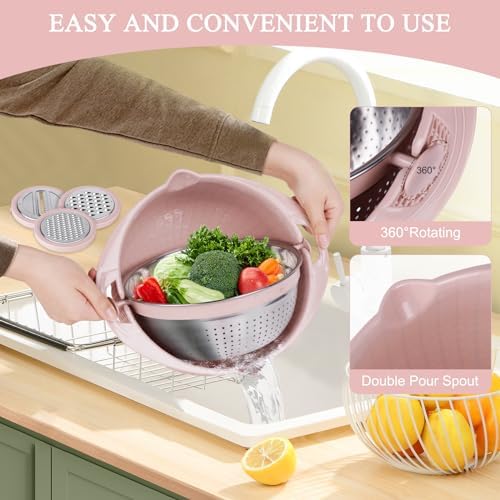 4 in 1 Colander with Mixing Bowl Set Pink
