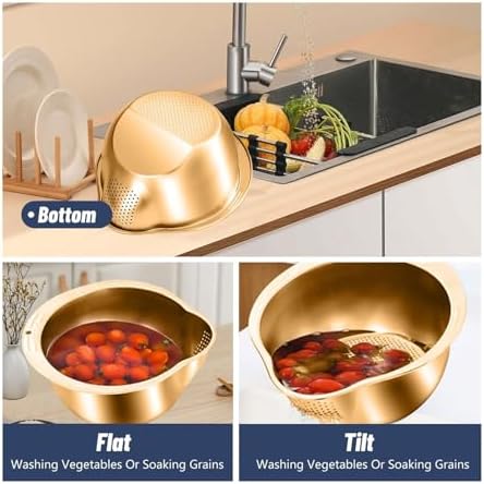 Stainless Steel Rice Washing Bowl With 4-in-1 Strainer