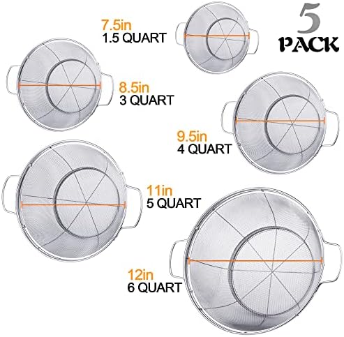 5-Pack Stainless Steel Colander Set Extra Capacity - Space-Saving