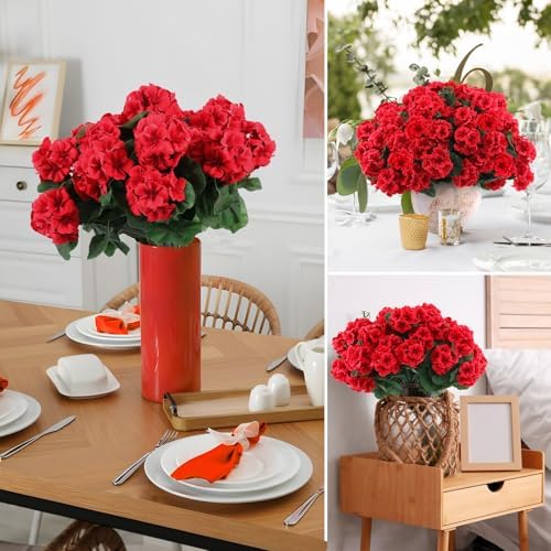 Hananona Artificial Red Geranium Flowers for Indoors Outdoors