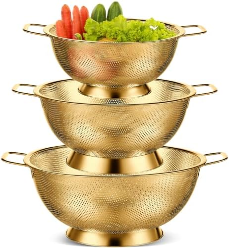 Bocon Triple Piece Stainless Steel Colander Set 135 Quart Gold