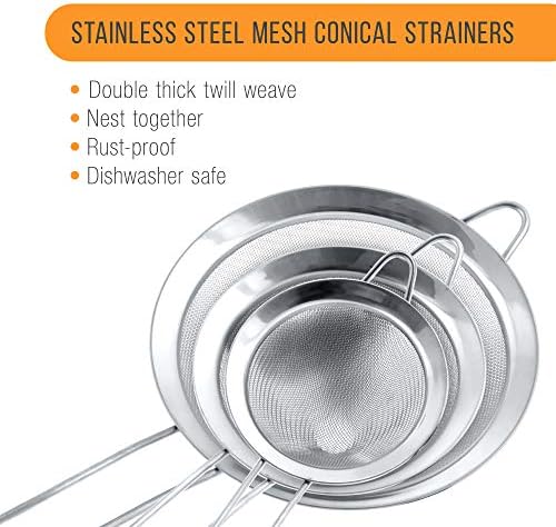US Kitchen Supply Premium Conical Strainers Set for Sifting Straining Rinsing