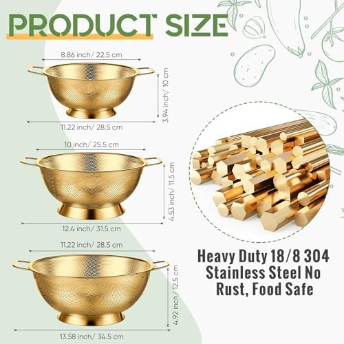 Bocon Triple Piece Stainless Steel Colander Set 135 Quart Gold