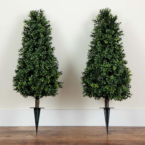 Nearly Natural 2 Set UV-Resistant Boxwood artificial plants with integrated ground stakes