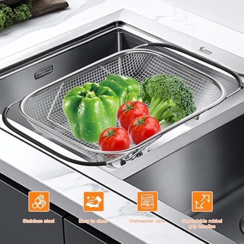 Stainless Steel Colander Basket with Expandable Handles for Kitchen Use