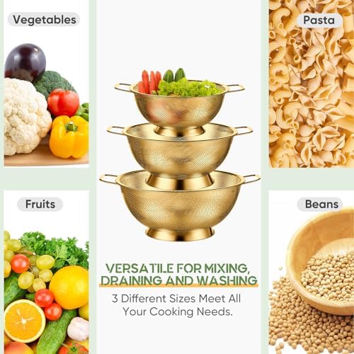 Bocon Triple Piece Stainless Steel Colander Set 135 Quart Gold