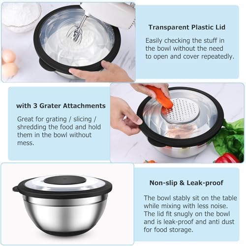 TeamFar Mixing Bowl Set with Lid Colander Grater Attachments - 46QT Capacity