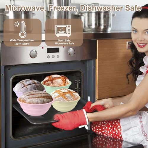 4PC Silicone Sourdough Bread Proofing Baskets 9 Collapsible Oven Microwave Safe Non-Stick