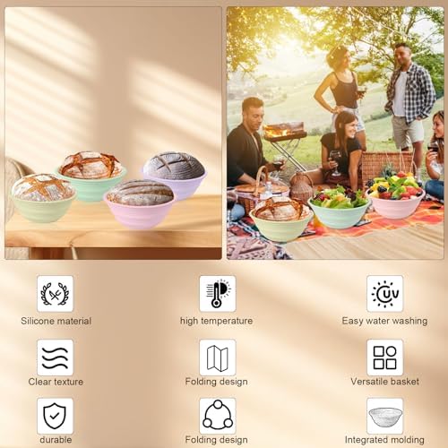 4PC Silicone Sourdough Bread Proofing Baskets 9 Collapsible Oven Microwave Safe Non-Stick