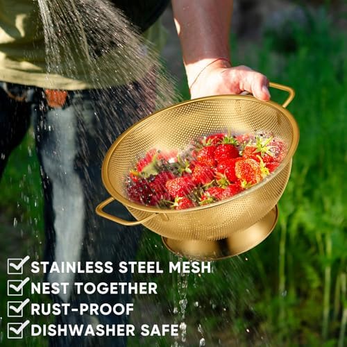 Bocon Triple Piece Stainless Steel Colander Set 135 Quart Gold